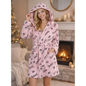 Juicy Couture Fuzzy Soft Royal Bath Robe Pink Black Crown Logo GIFT L/XL